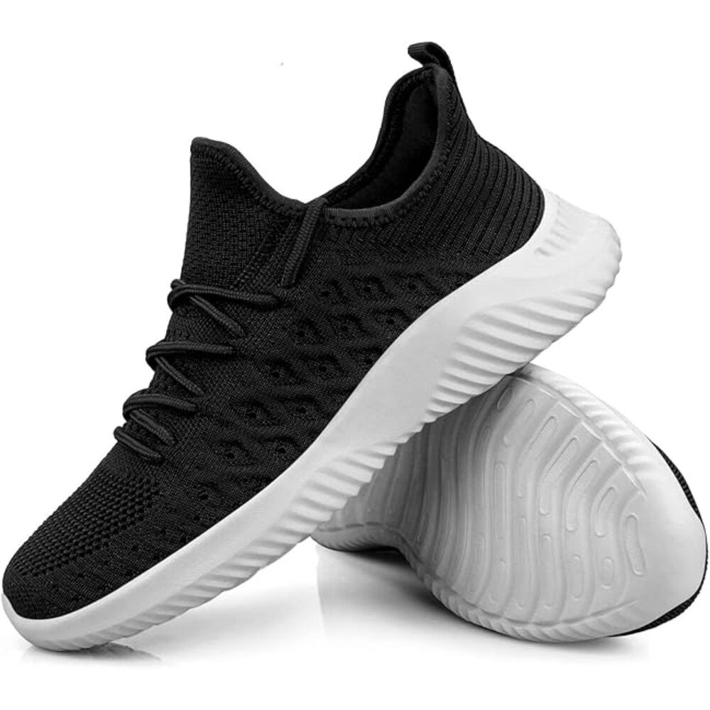 Men's Black White Slip On Lightweight Breathable Comfortable Fashion Sneakers - Picture 6 of 6